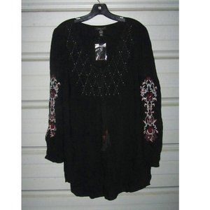 2X Plus Size Black Bohemian Embroidered Top Blouse Shirt Womens New